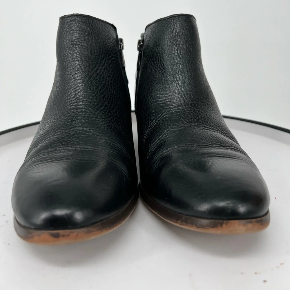 SAM EDELMAN BLACK LEATHER BUCKLE BOOTIES,‎ ALMOND TOE WOODEN HEEL, INSIDE ZIPPER